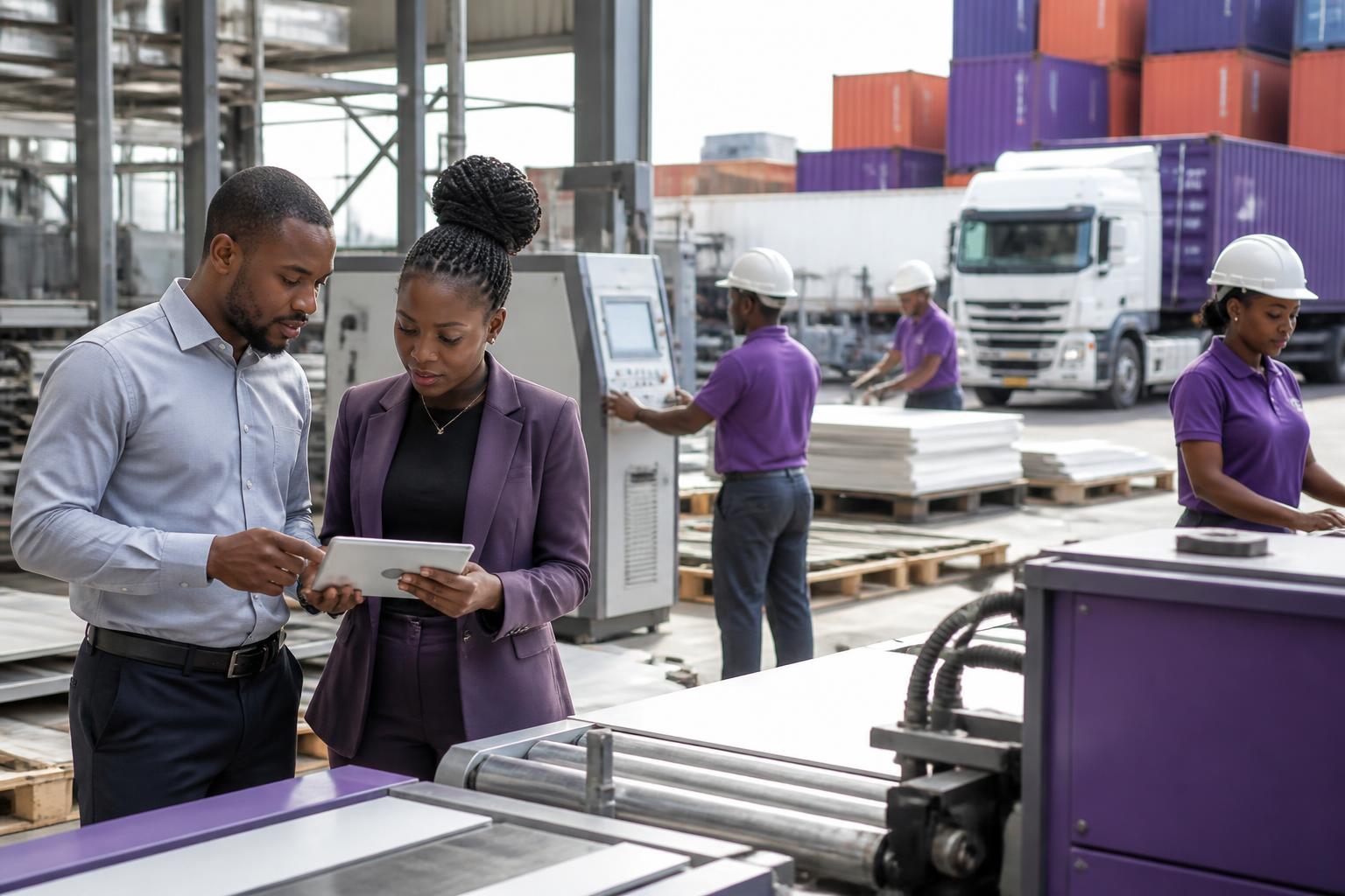 African professionals overseeing manufacturing and freight logistics